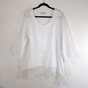 Stella Martini Made in Italy 100% Linen Women’s Size 2X Lace Hemline White Tunic